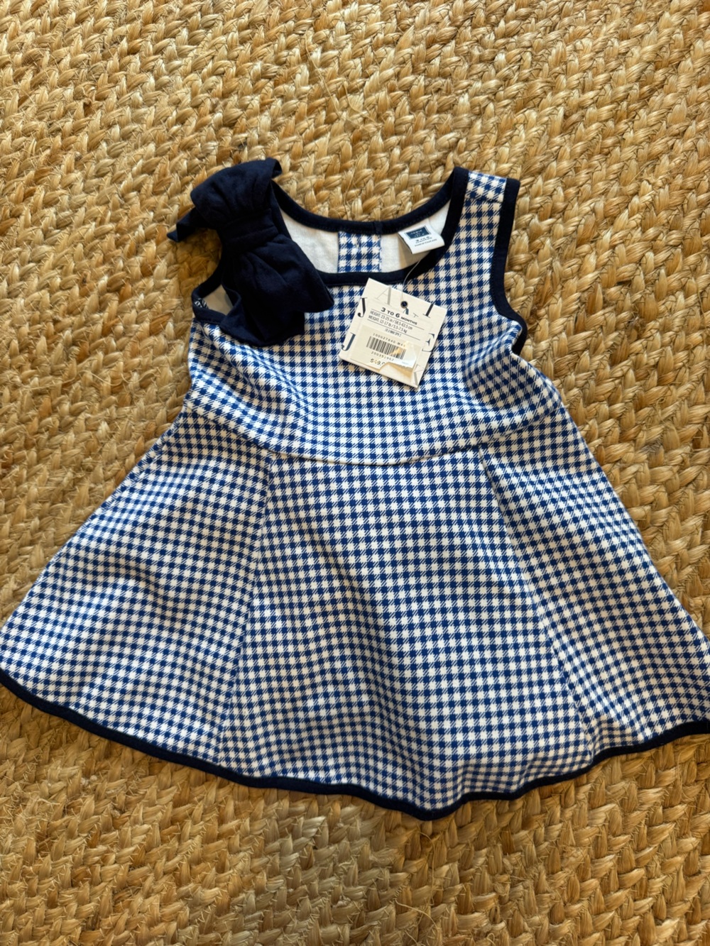 NWT Janie and Jack Blue Houndstooth print knit baby dress with bow size 3-6mo